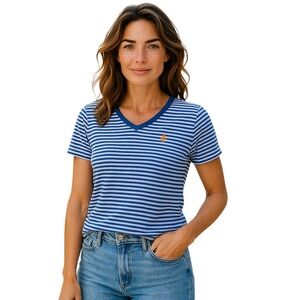 Ralph Lauren Sport Women Medium V-Neck Stripe Tee T-Shirt Top Pony Casual